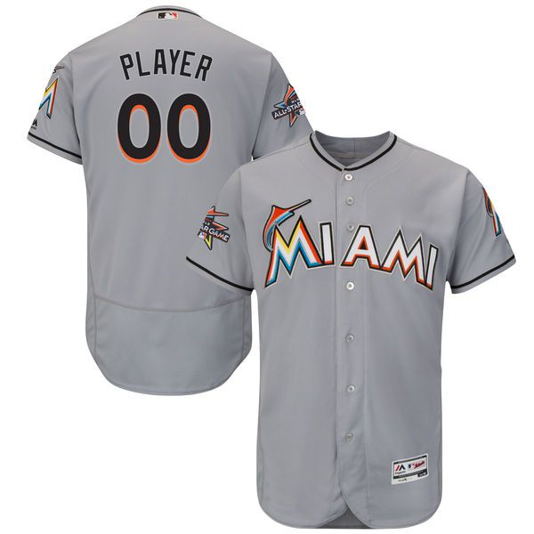 Men Miami Marlins Majestic Road Gray 2017 Authentic Flexbase Custom MLB Jersey with All-Star Game Patch